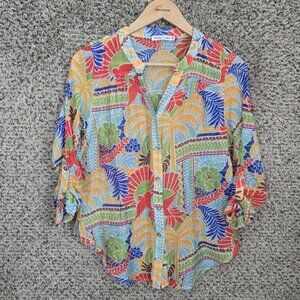 Figueroa & Flower Top Womens PM Petite Medium Multicolored Sheer Button Blouse